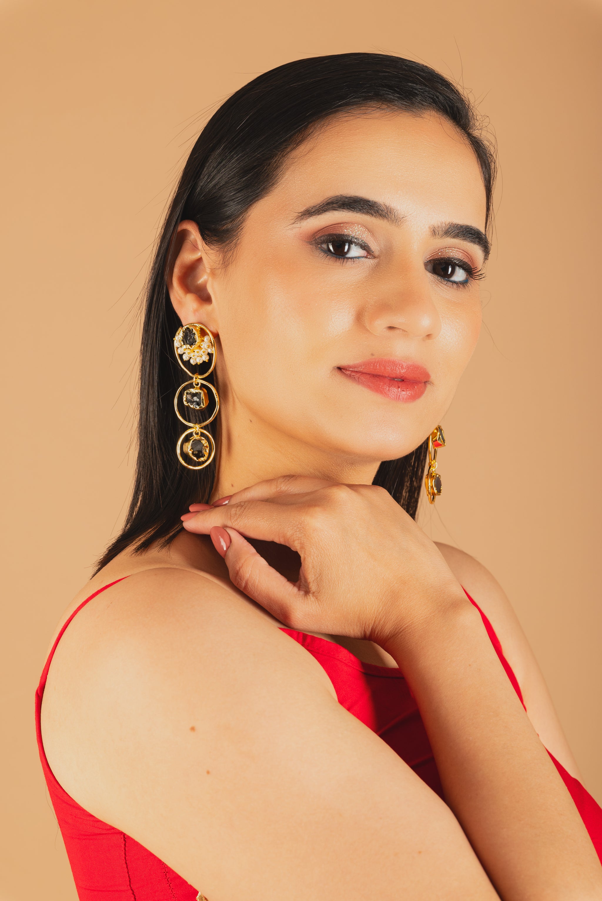 Tri Stone drop loop Earrings-B