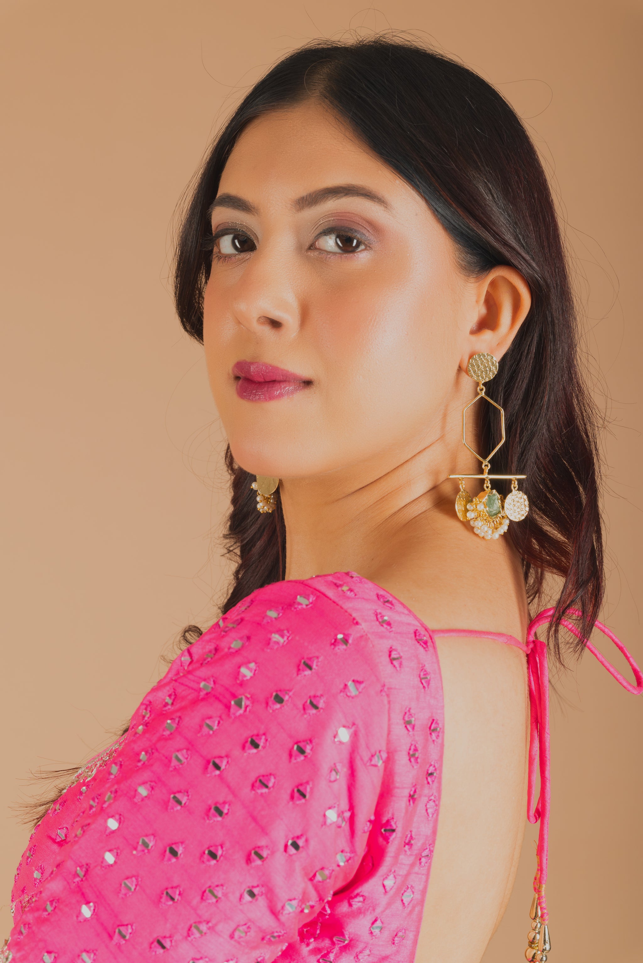 Golden Pentagen drop Stone hanging Earrings-G