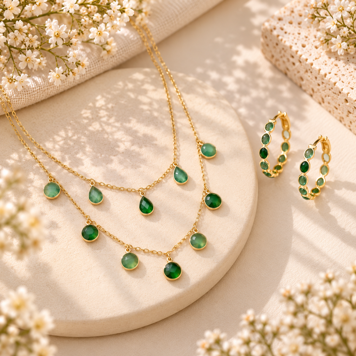 Emerald-Green Natural stone Dual layer Necklace set