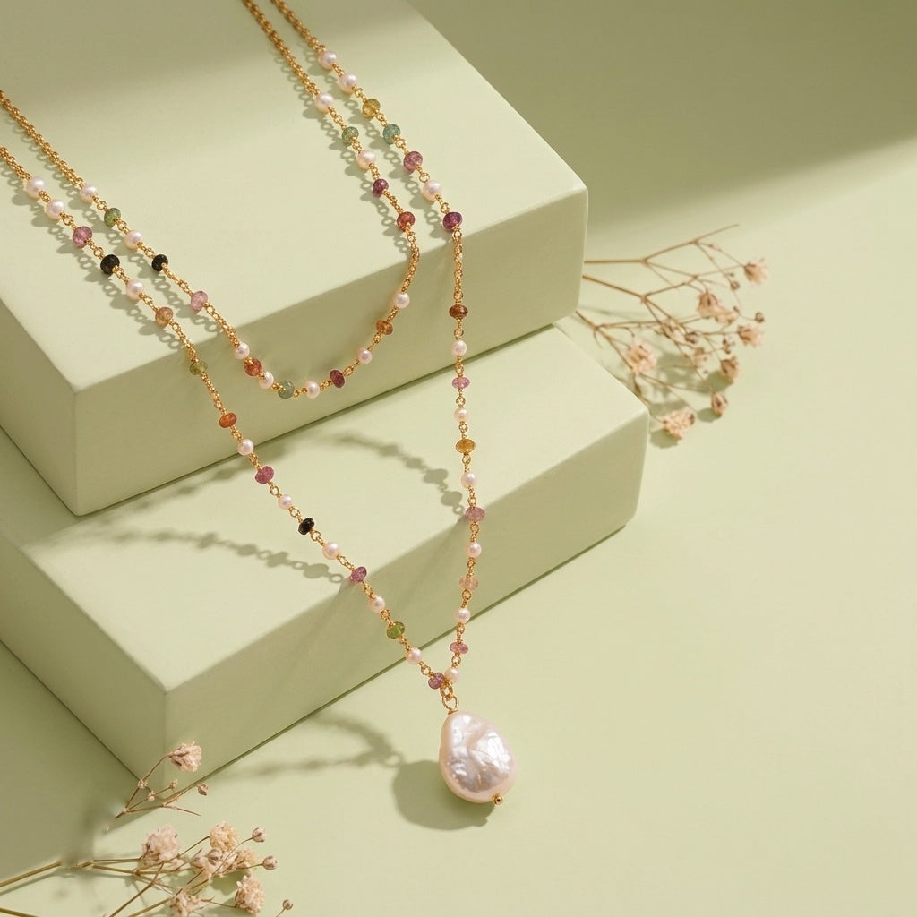 Pearl and Tourmaline Double Layer Bead Necklace