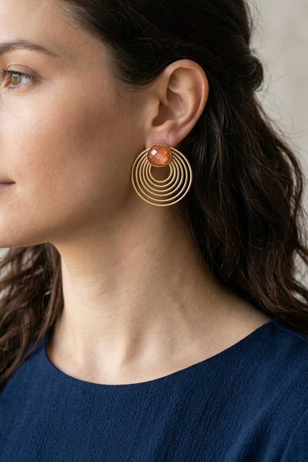 Stone Studded Spiral Earrings- Rust Orange