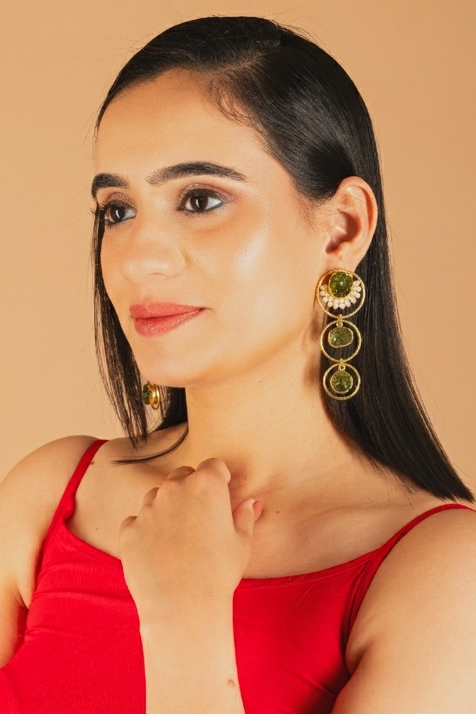 Tri Stone drop loop Earrings-Olive