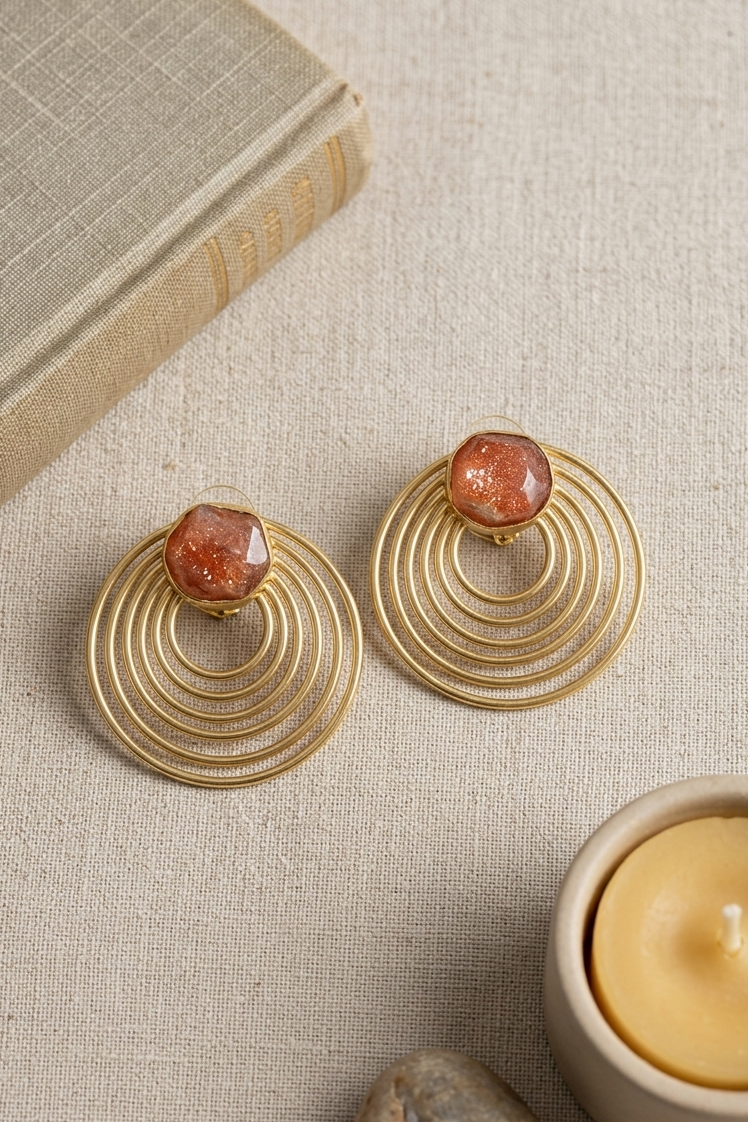 Stone Studded Spiral Earrings- Rust Orange