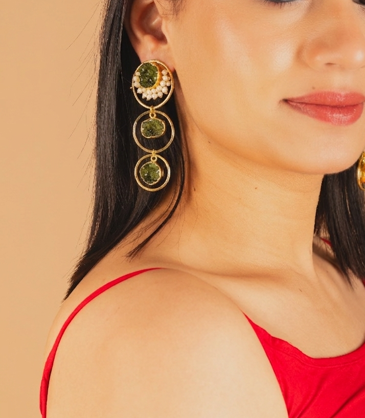 Tri Stone drop loop Earrings-Olive