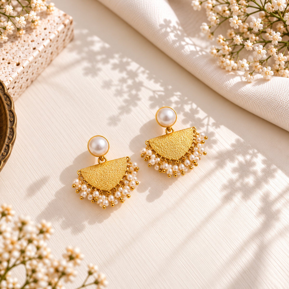 Hammered Semi-disc Pearl Cluster Earrings