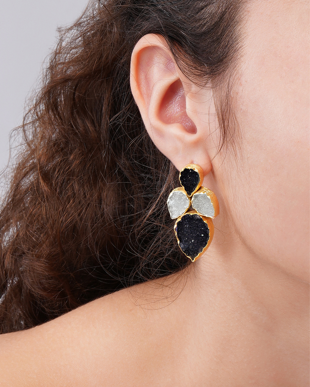 Regal Baroque & Druzy Black Floral Earrings