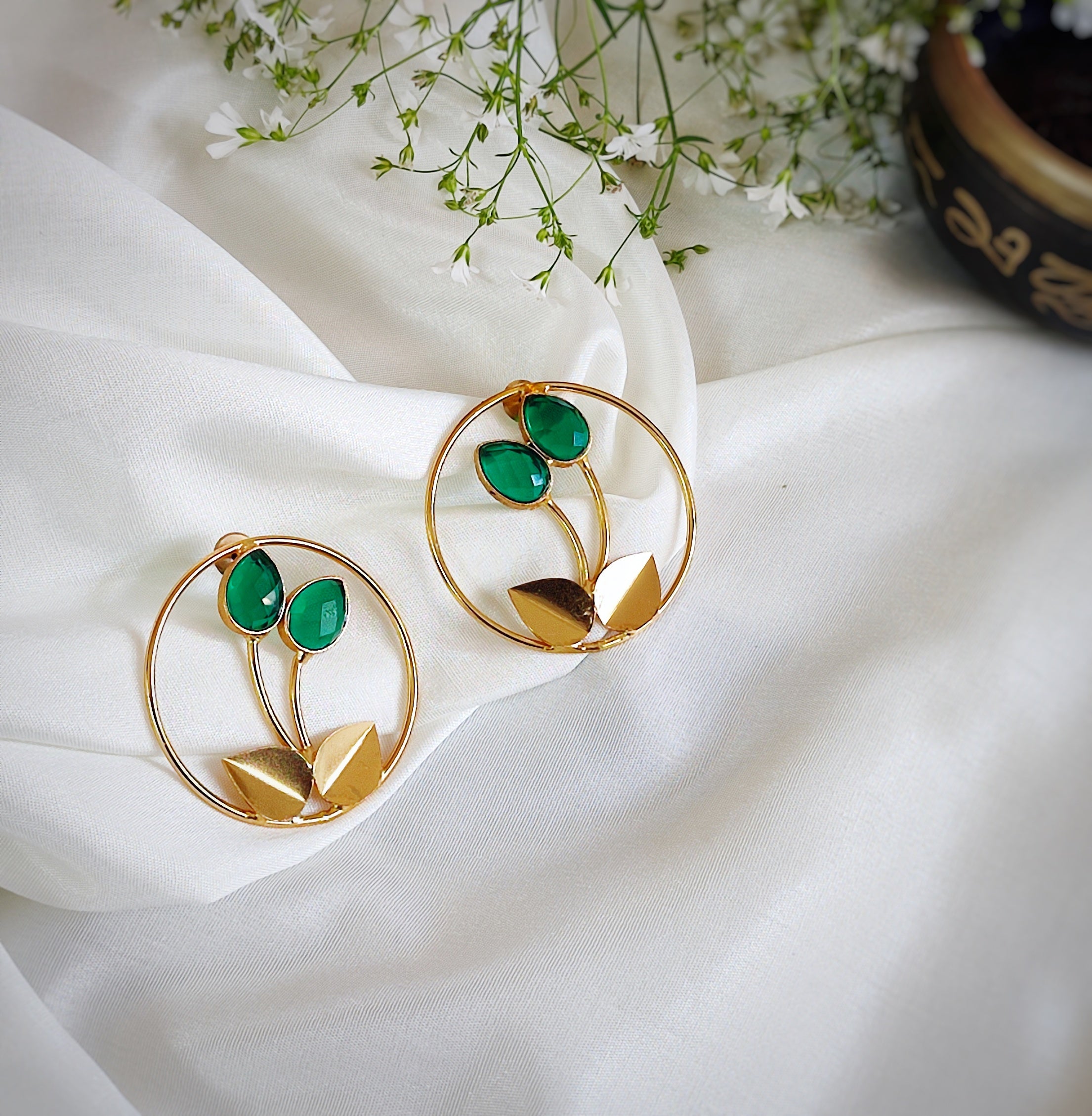 Dual Leaf Monalisa Stone Earrings-G