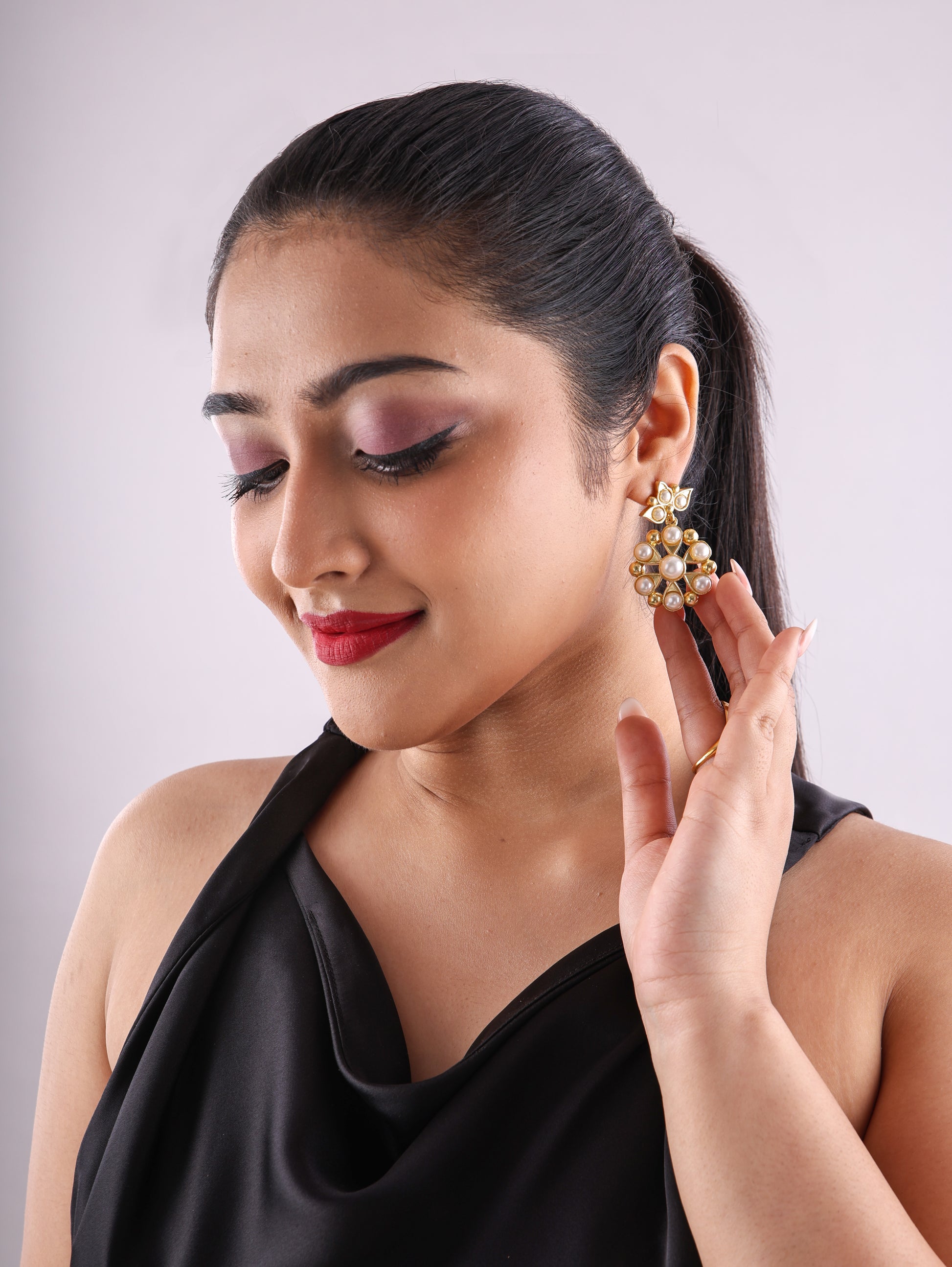 Gold Tone Pearl Studded Floral Earrings