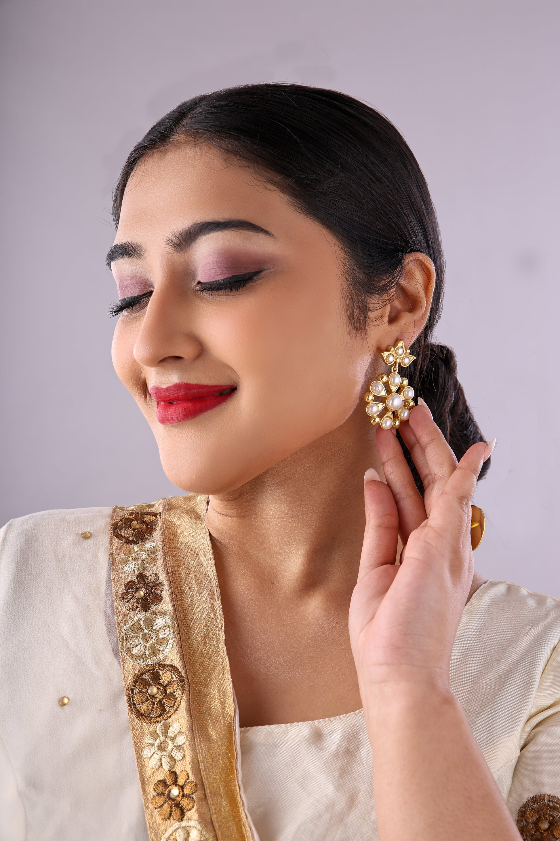 Gold Tone Pearl Studded Floral Earrings