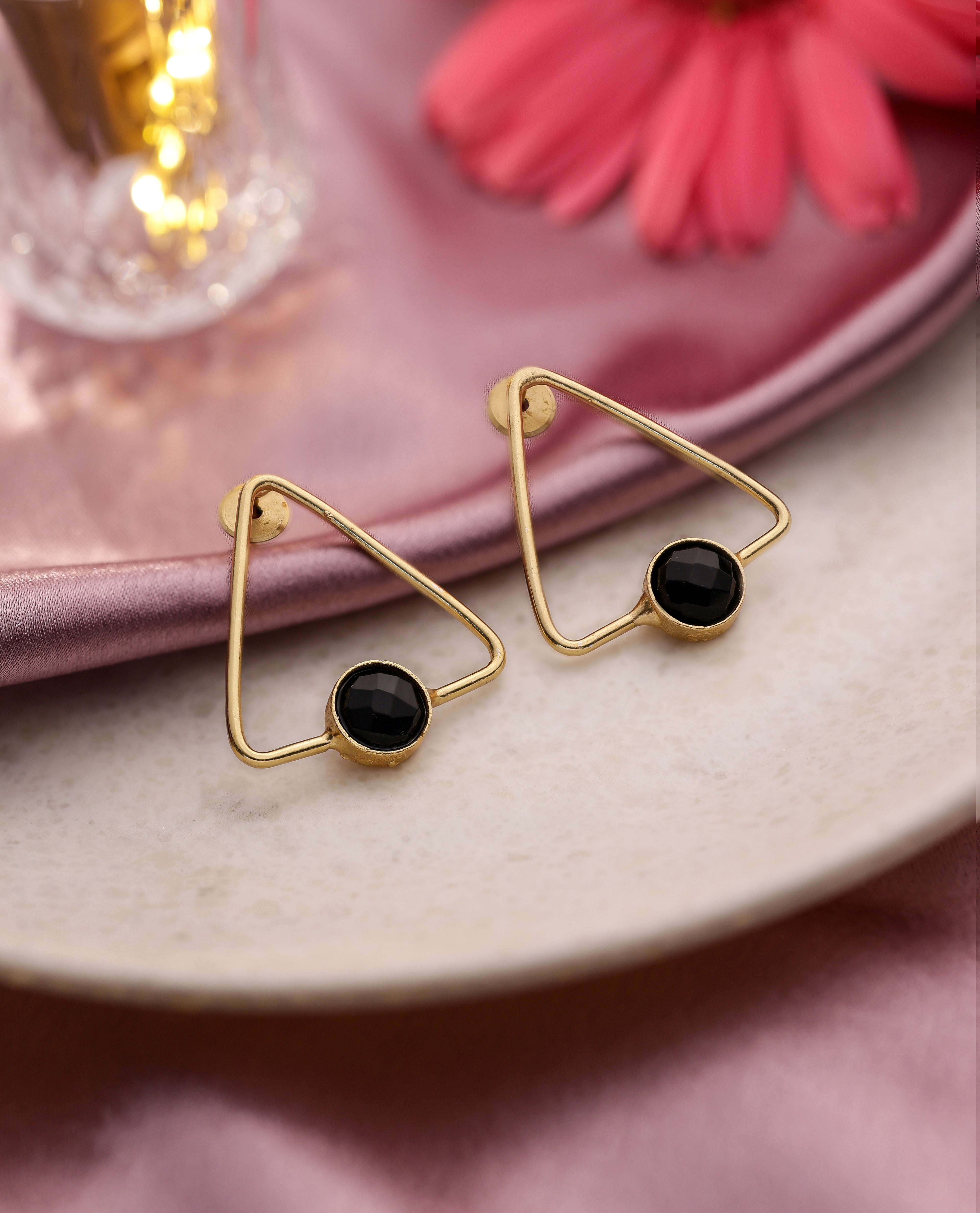 Glossy Stone Triangle Earrings-B