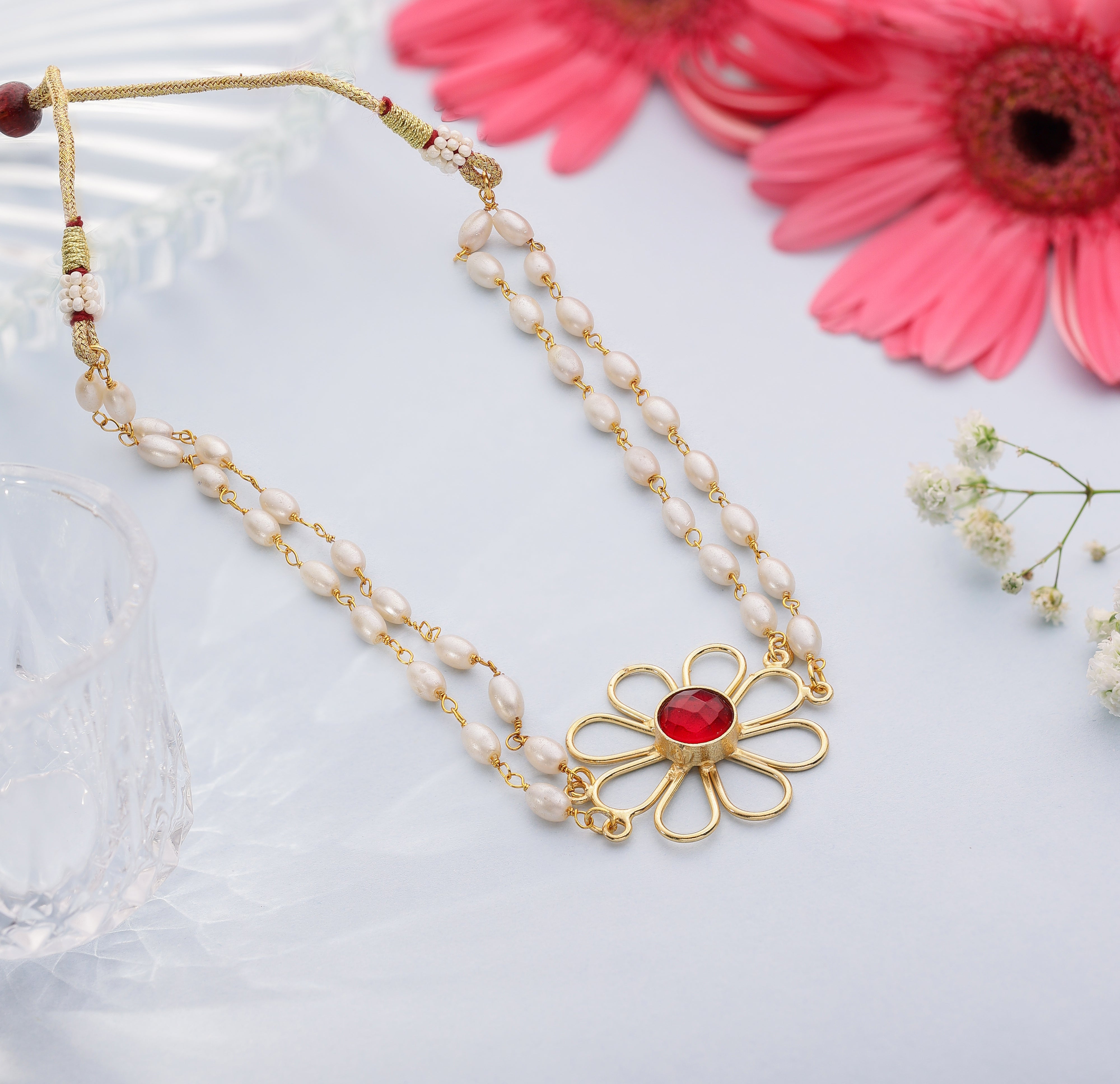 Floral Rice Bead Necklace Set- Ruby