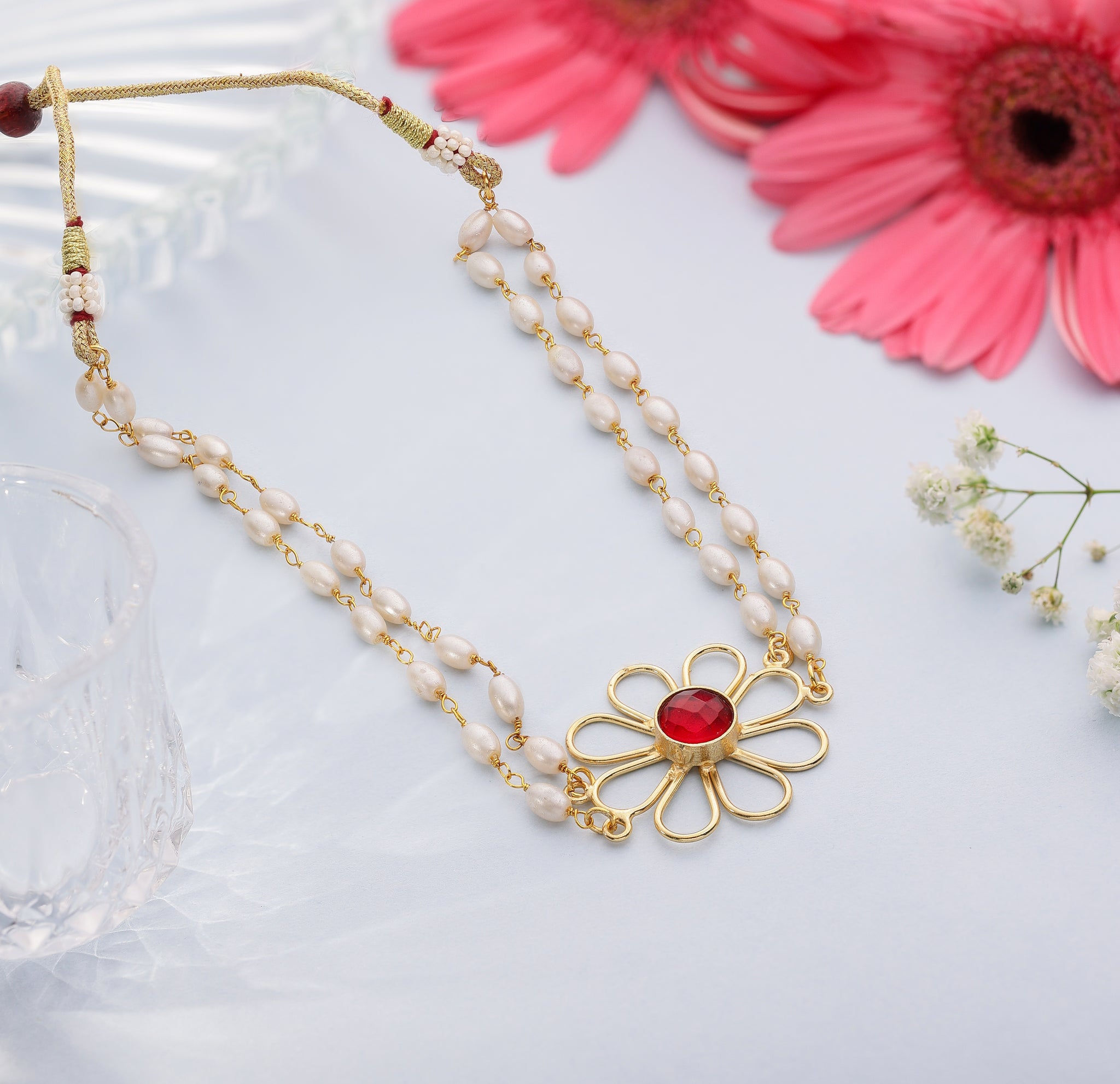 Floral Rice Bead Necklace Set- Ruby