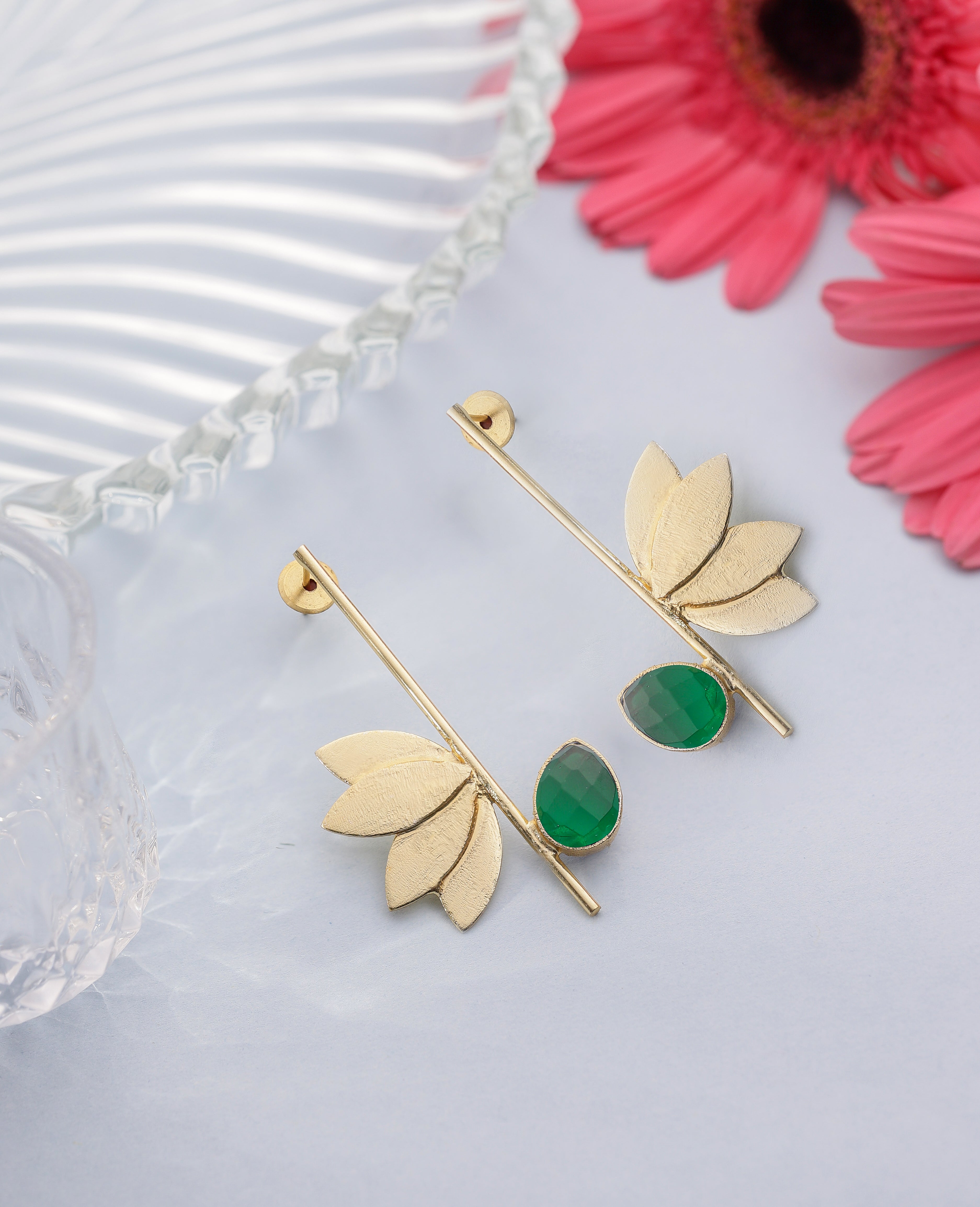 Lotus Stone Dangle Earrings-Green