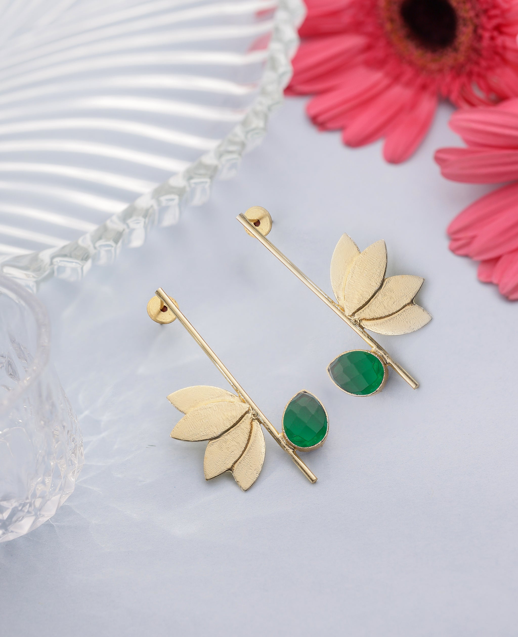 Lotus Stone Dangle Earrings-Green