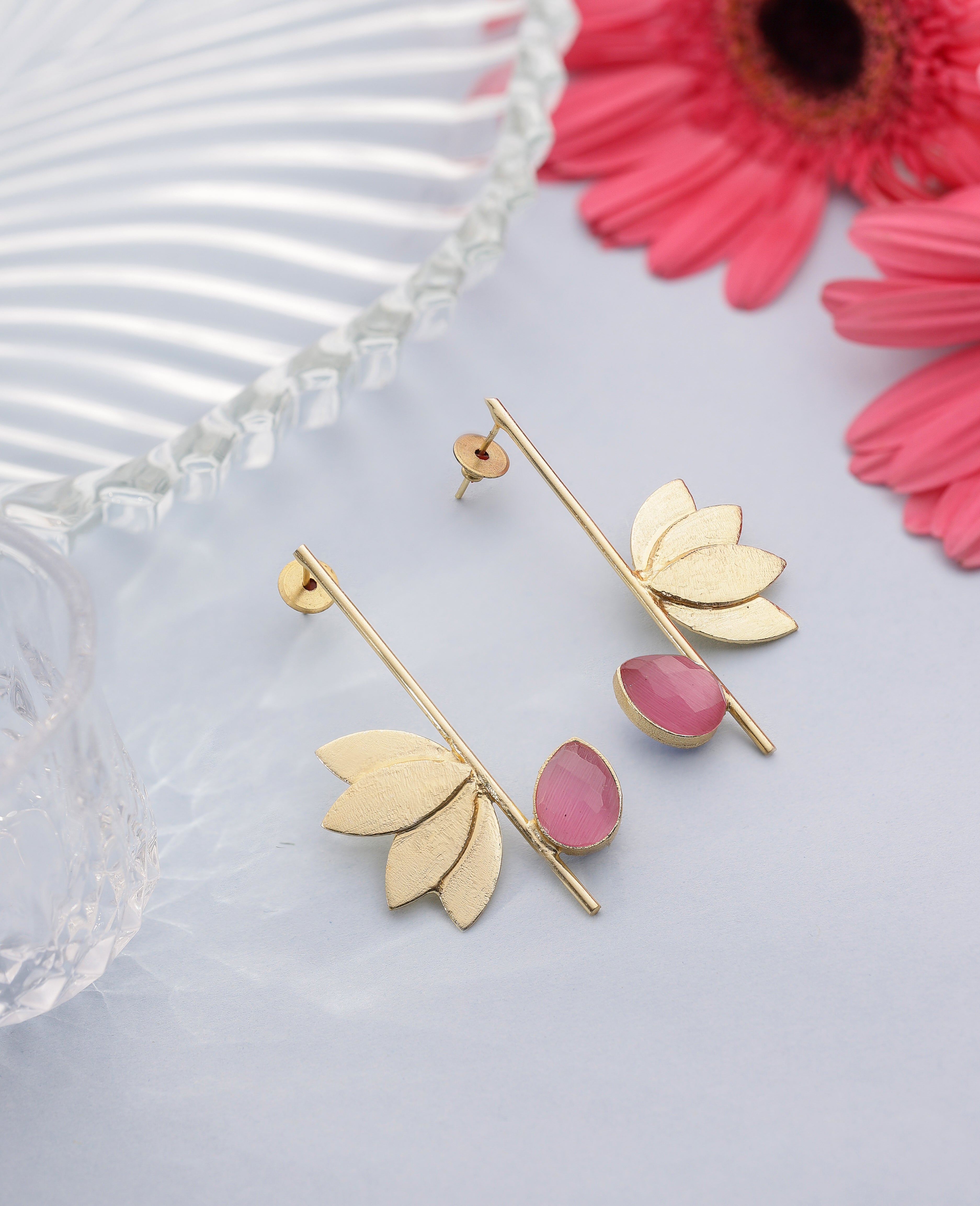 Lotus Stone Dangle Earrings-Pink