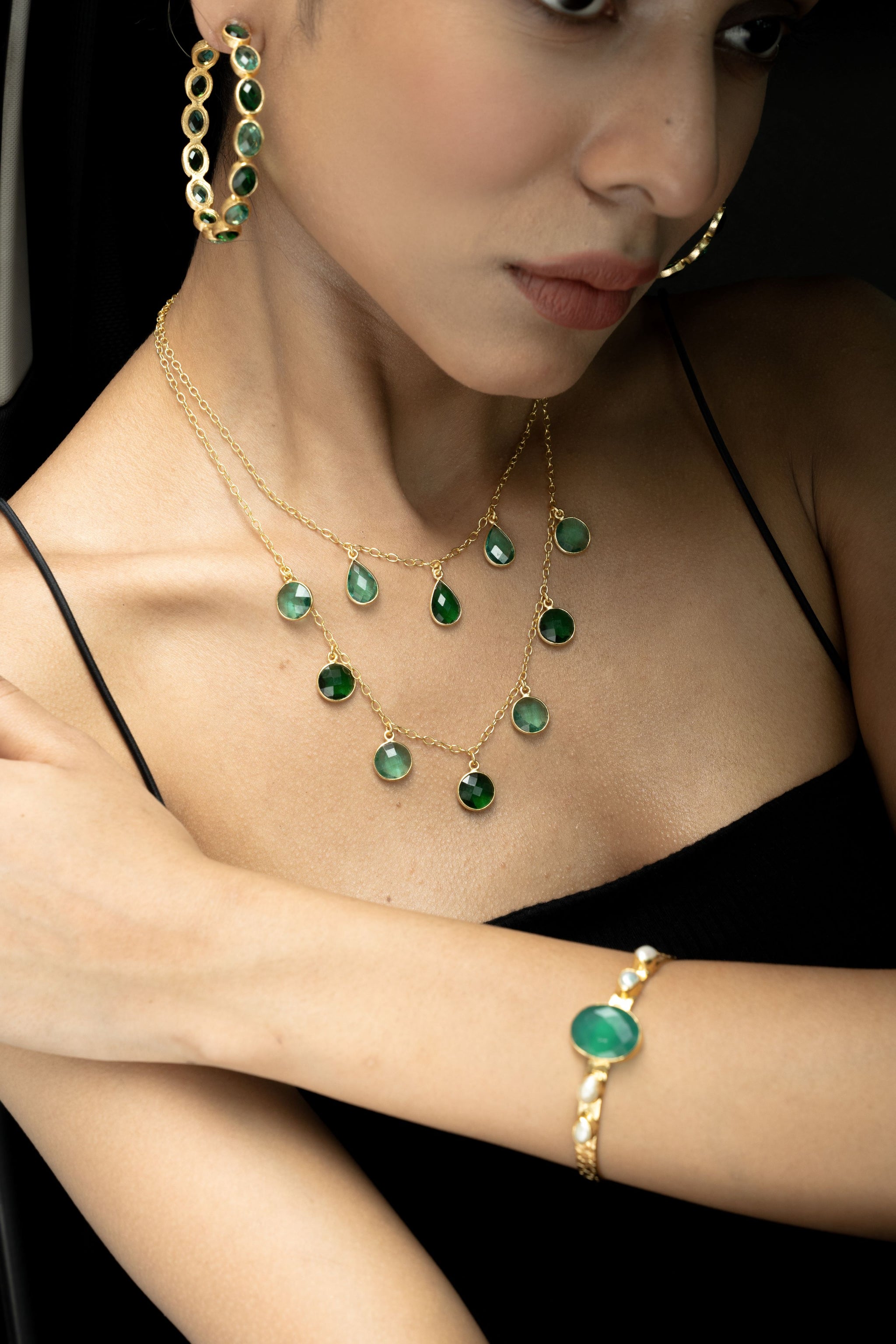 92.5 Sterling Silver Emerald Dual layer Necklace