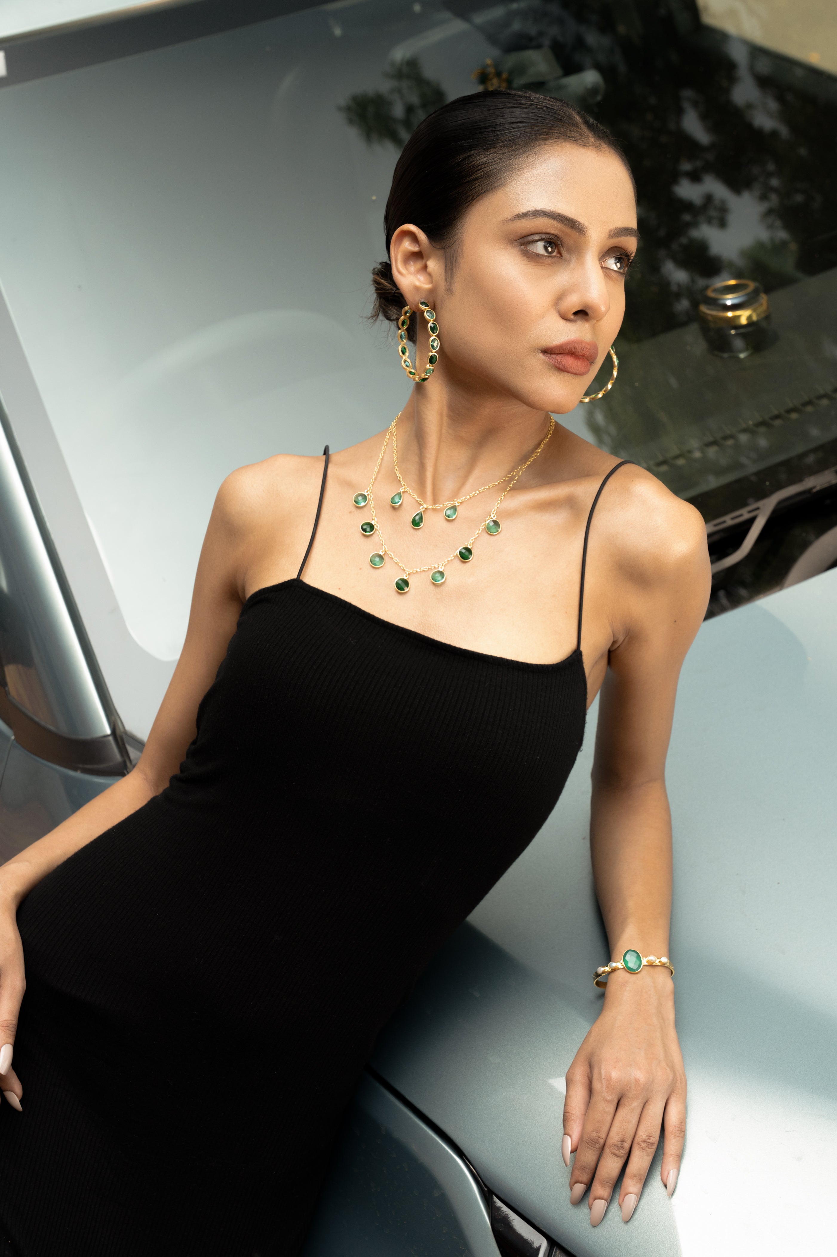 92.5 Sterling Silver Emerald Dual layer Necklace