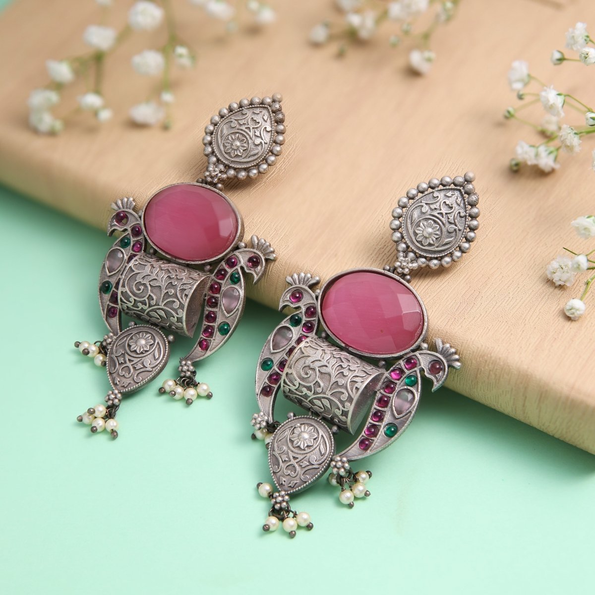 Antique design Pink Stone Oxidised Earrings - Jiaarajewellery