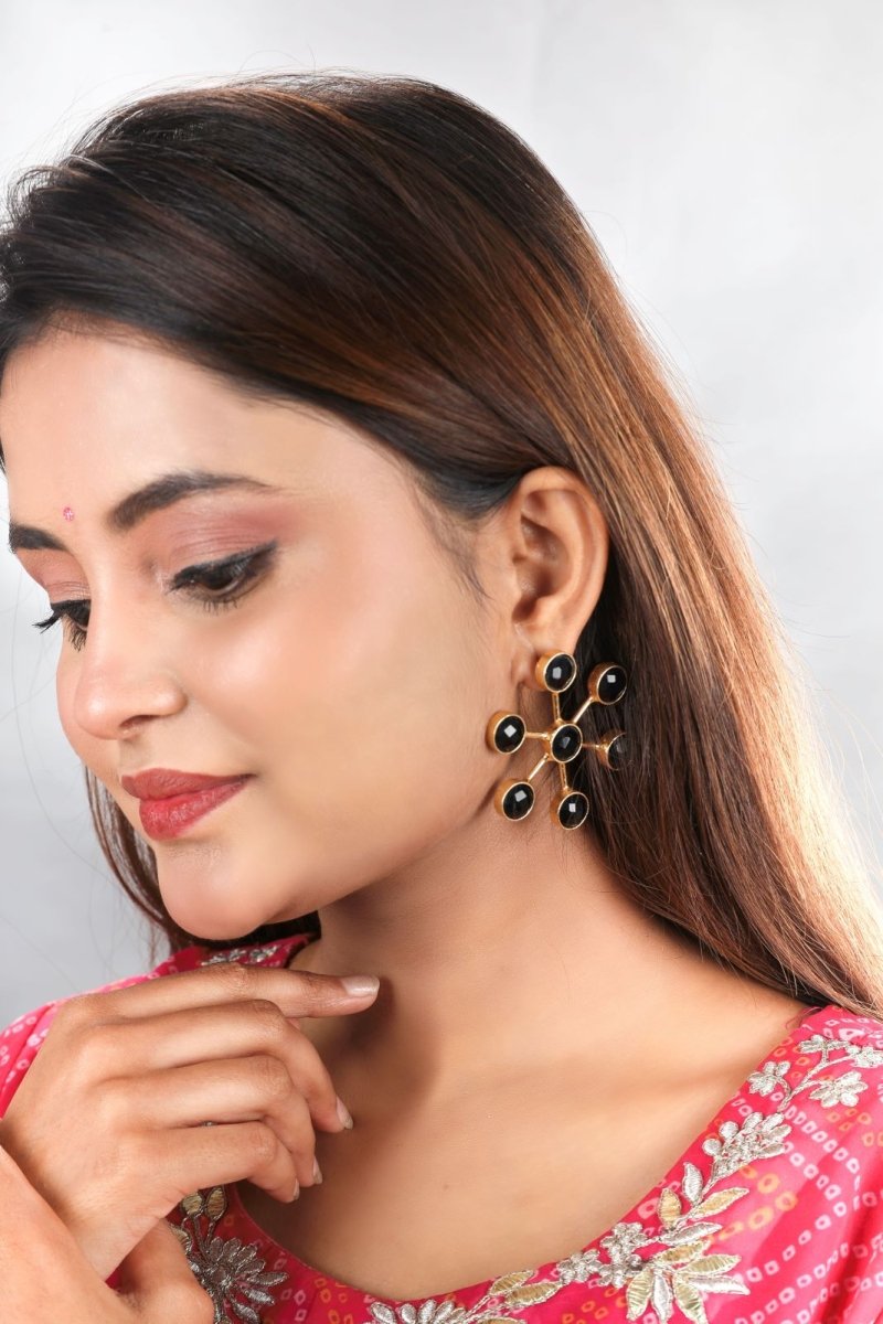 Artisan - crafted Sun stone Floral Earrings - Black - Jiaarajewellery