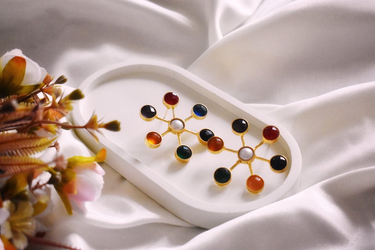Artisan - crafted Sun stone Floral Earrings - Multicolor - Jiaarajewellery