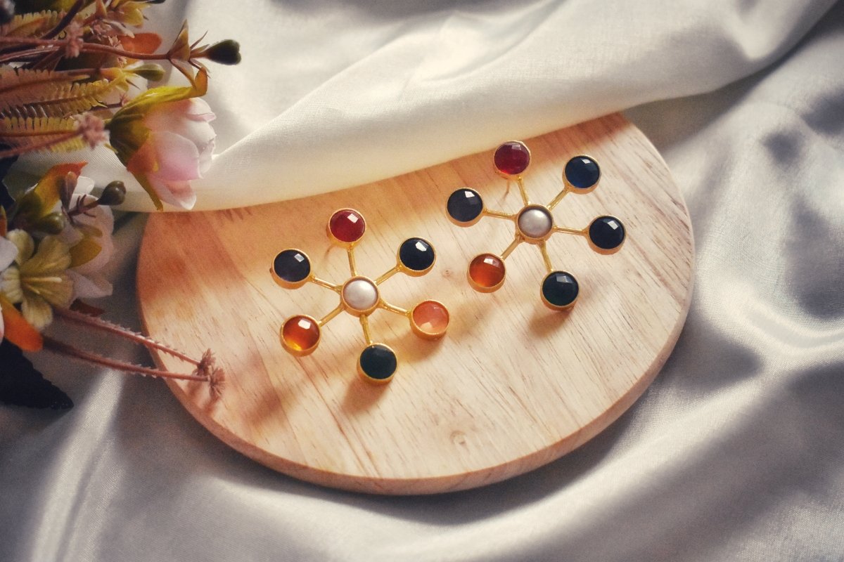 Artisan - crafted Sun stone Floral Earrings - Multicolor - Jiaarajewellery
