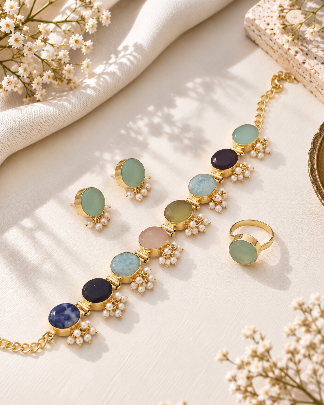 Whispering Stones Multicolor Choker Set with Round Earrings