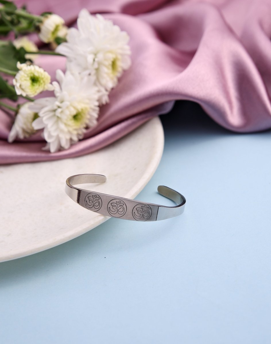 Brass Om Silver Plated Cuff Bracelet - Jiaarajewellery