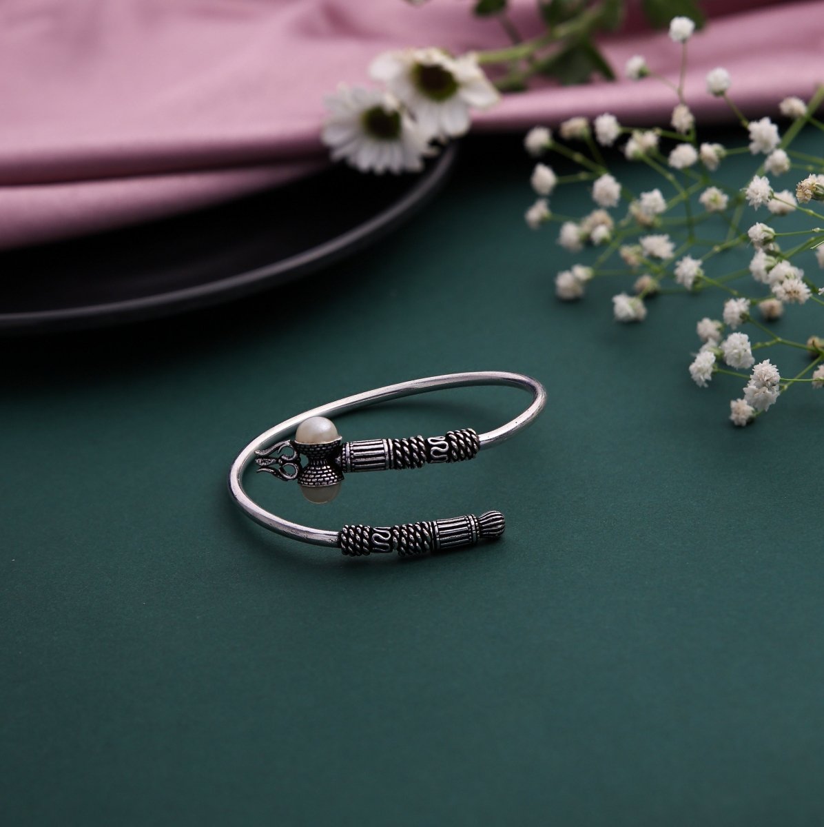 Brass Shiva Damru Cuff Bracelet - Silver - Jiaarajewellery