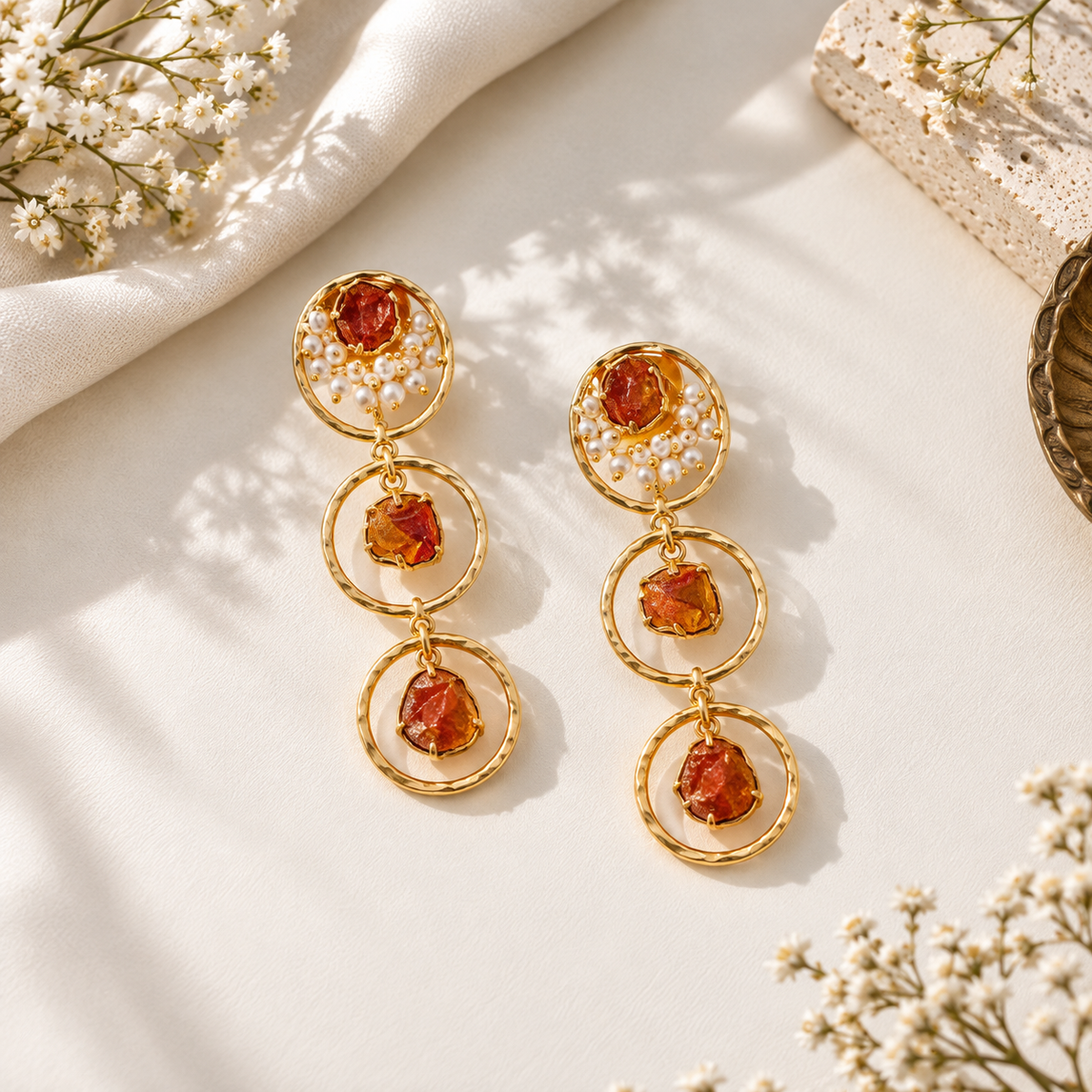 Tri Stone drop loop Earrings-Rust orange