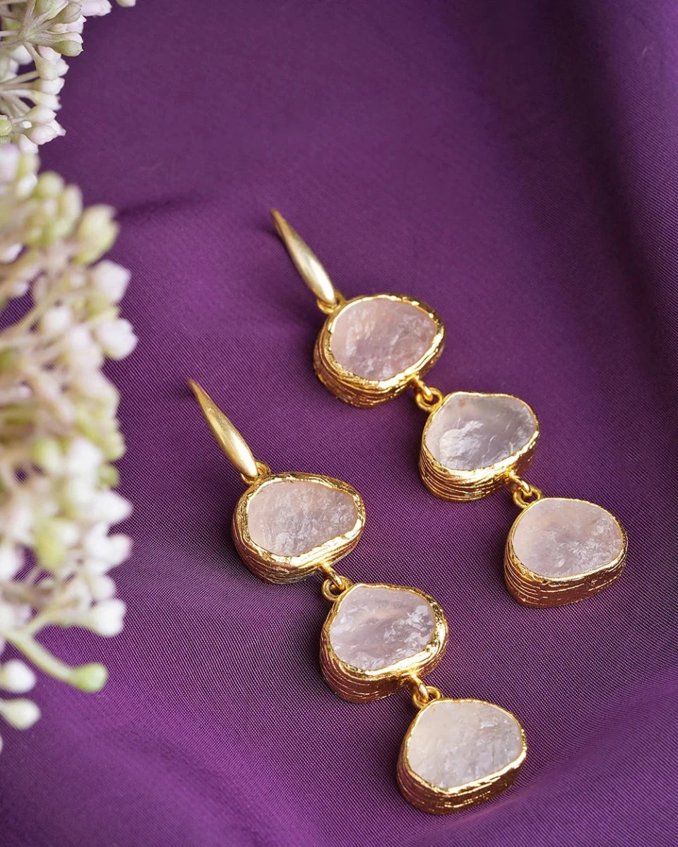Cascading Trinity Rose Quartz Drop Earrings - Jiaarajewellery