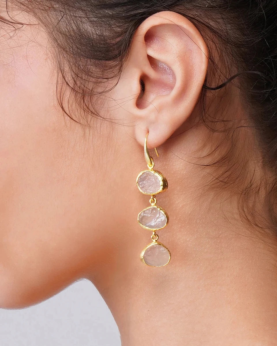 Cascading Trinity Rose Quartz Drop Earrings - Jiaarajewellery