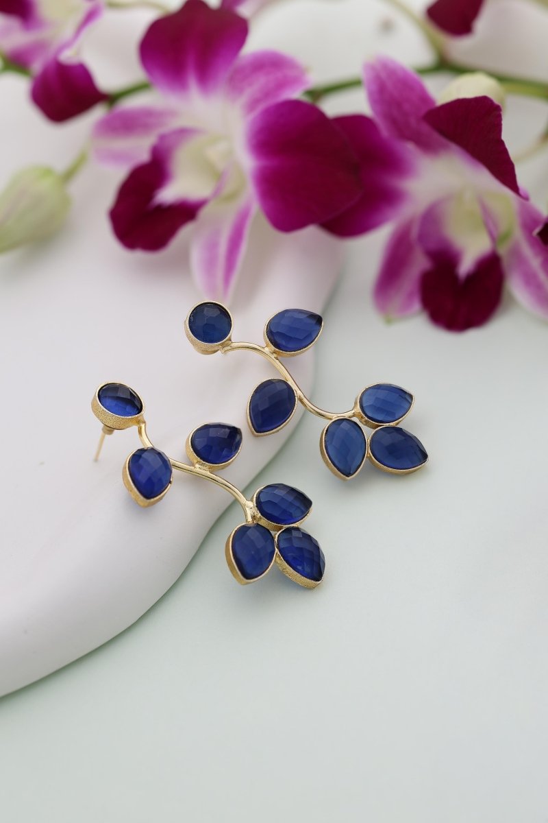 Crystal Cascade Wavy Leaf Earrings - Blue - Jiaarajewellery