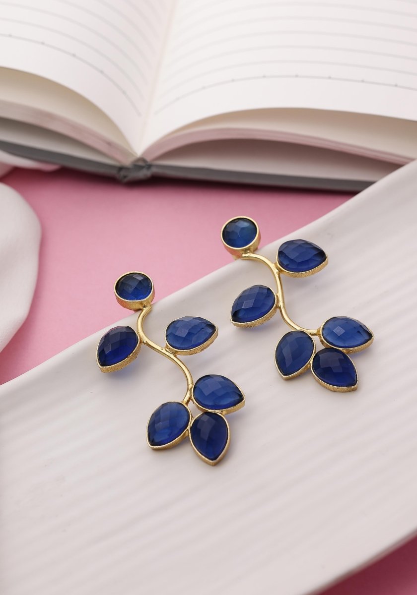 Crystal Cascade Wavy Leaf Earrings - Blue - Jiaarajewellery