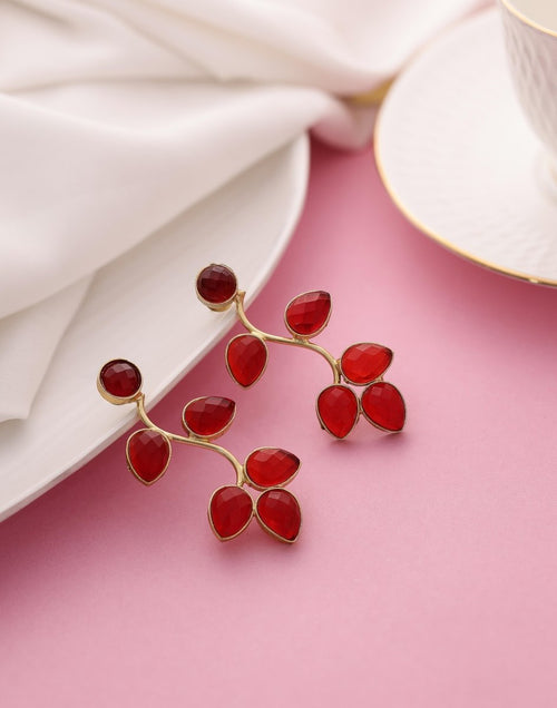 Crystal Cascade Wavy Leaf Earrings - Red - Jiaarajewellery