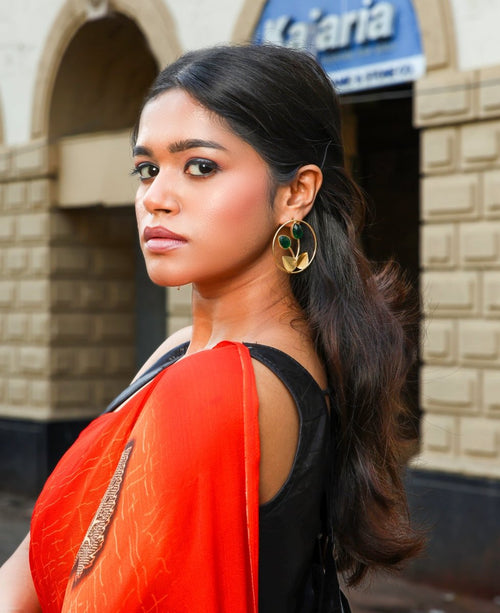 Dual Leaf Monalisa Stone Earrings - G - Jiaarajewellery