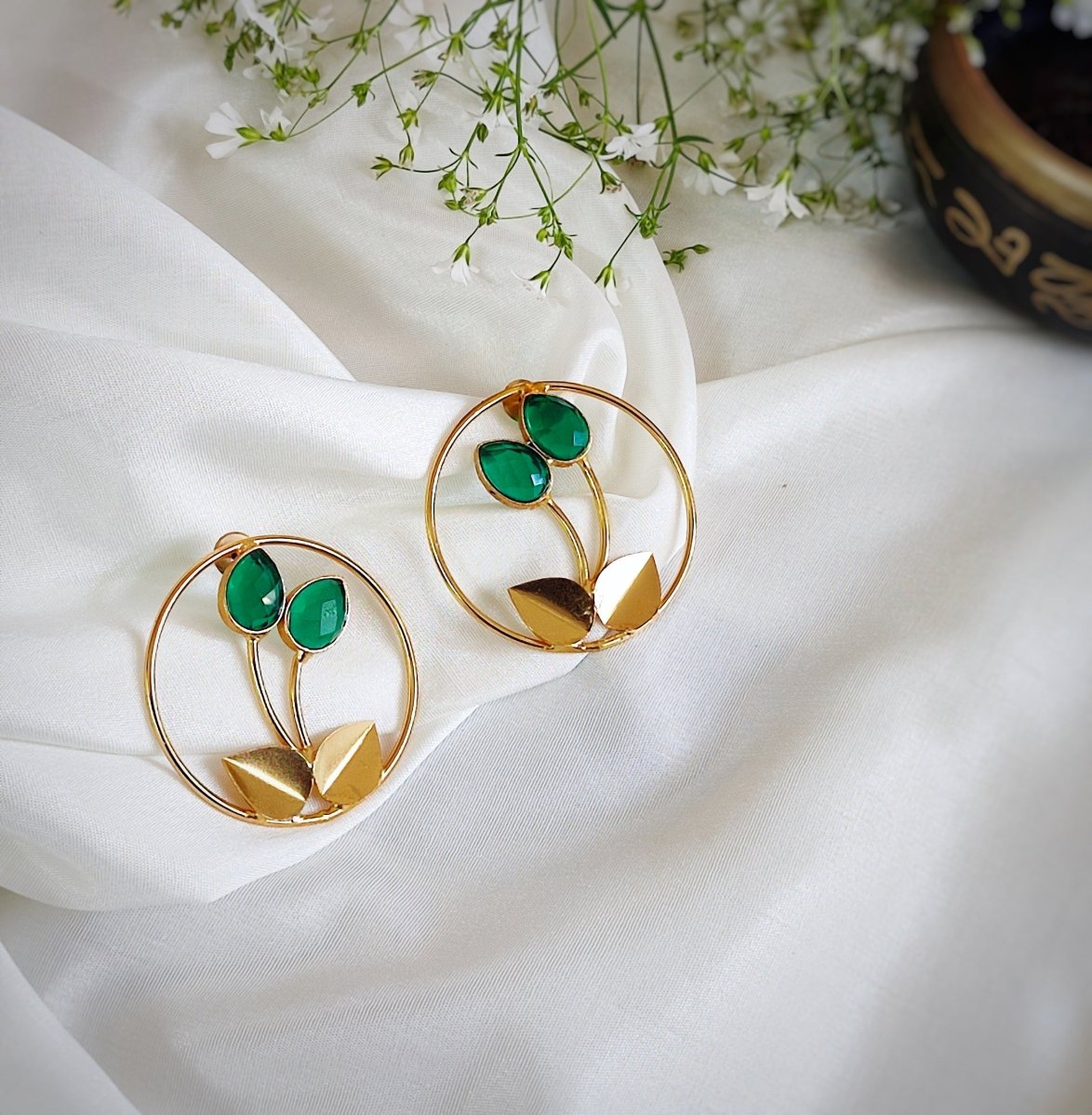 Dual Leaf Monalisa Stone Earrings - G - Jiaarajewellery