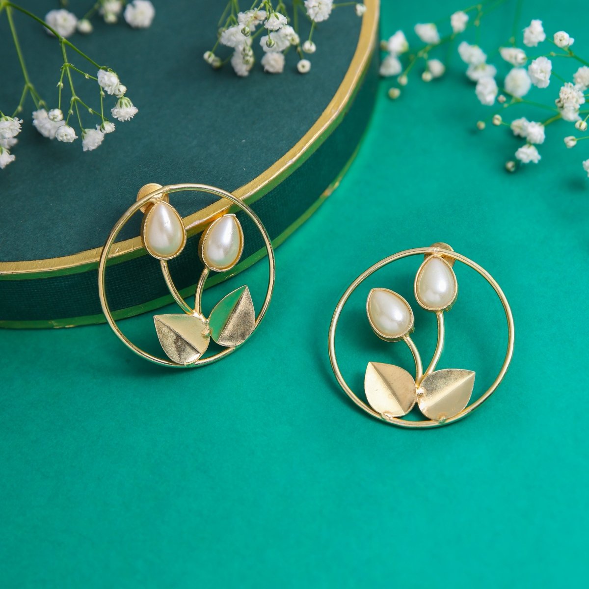 Dual Leaf Monalisa Stone Earrings - W - Jiaarajewellery