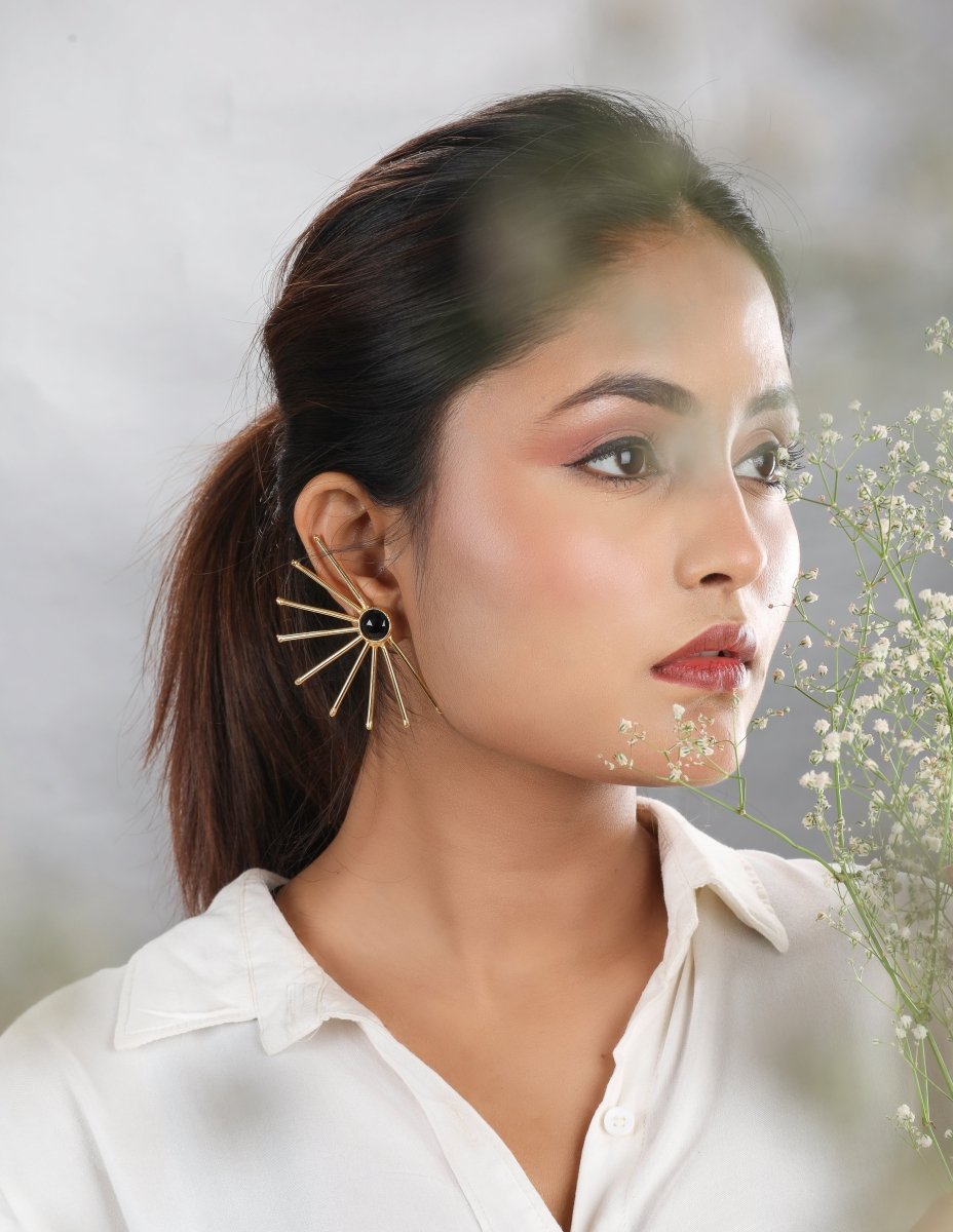 Earthy Stone Sun Wire Brass Earrings - B - Jiaarajewellery