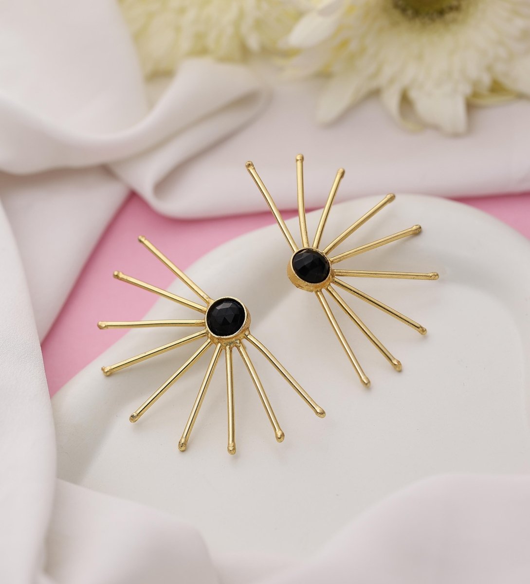 Earthy Stone Sun Wire Brass Earrings - B - Jiaarajewellery