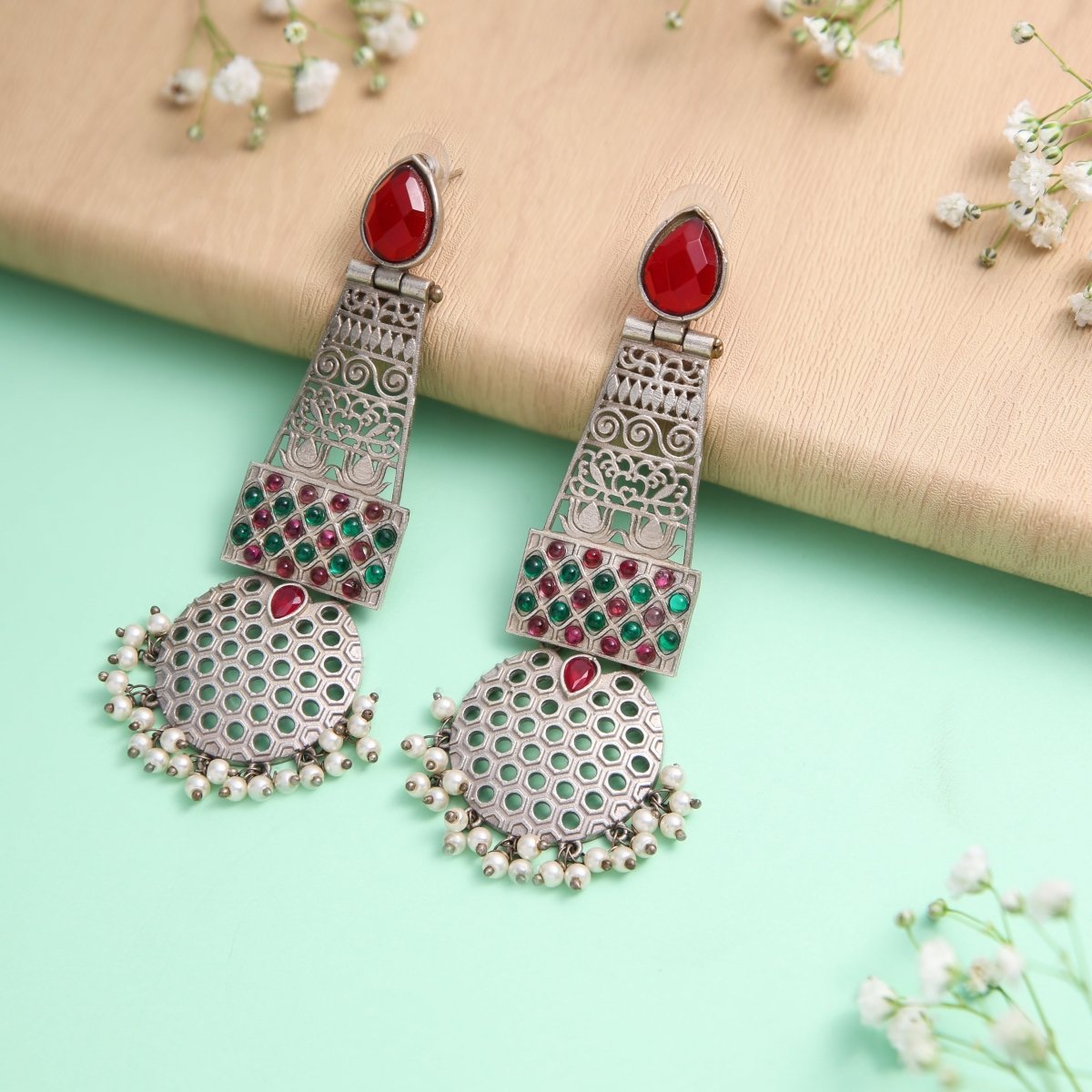 Embellished Ruby Stone Oxidised Earrings - Jiaarajewellery