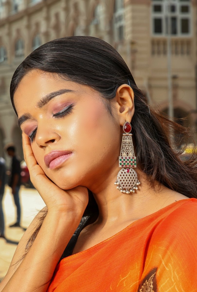 Embellished Ruby Stone Oxidised Earrings - Jiaarajewellery