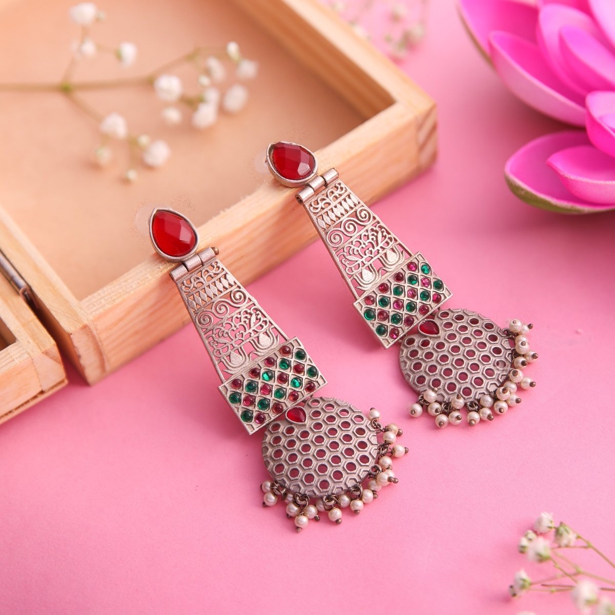 Embellished Ruby Stone Oxidised Earrings - Jiaarajewellery