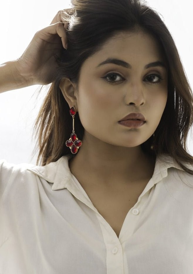 Floral Glossy Stone Dangle Earrings - Red - Jiaarajewellery