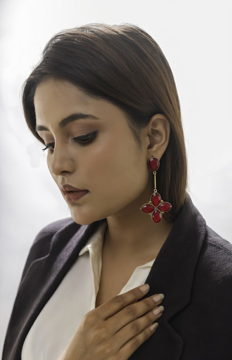 Floral Glossy Stone Dangle Earrings - Red - Jiaarajewellery