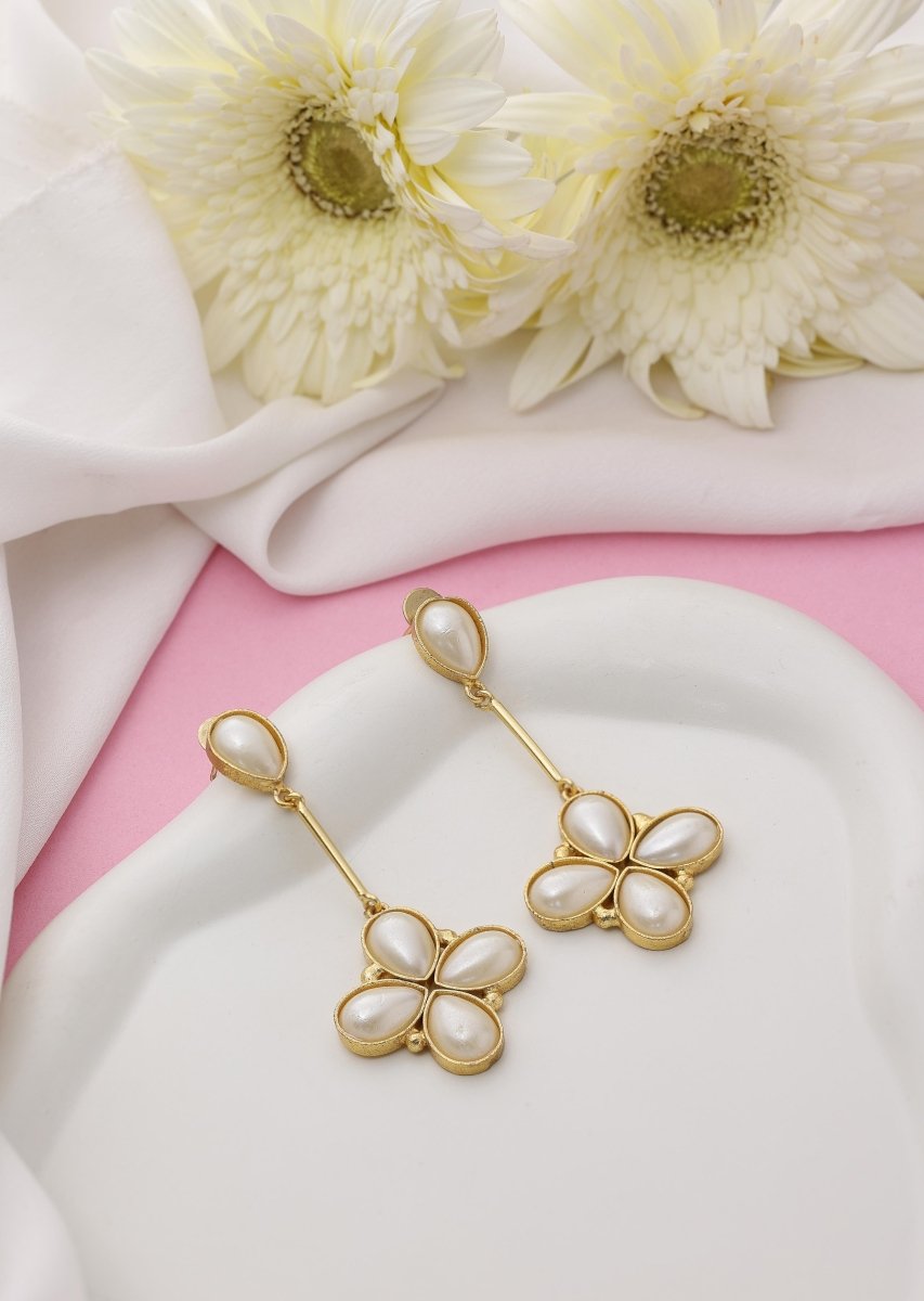 Floral Glossy Stone Dangle Earrings - White - Jiaarajewellery