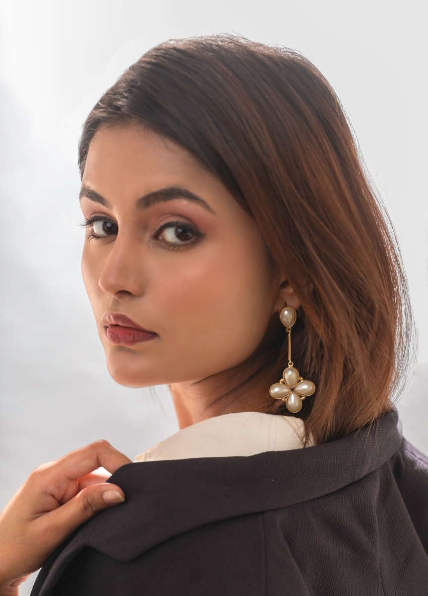 Floral Glossy Stone Dangle Earrings - White - Jiaarajewellery