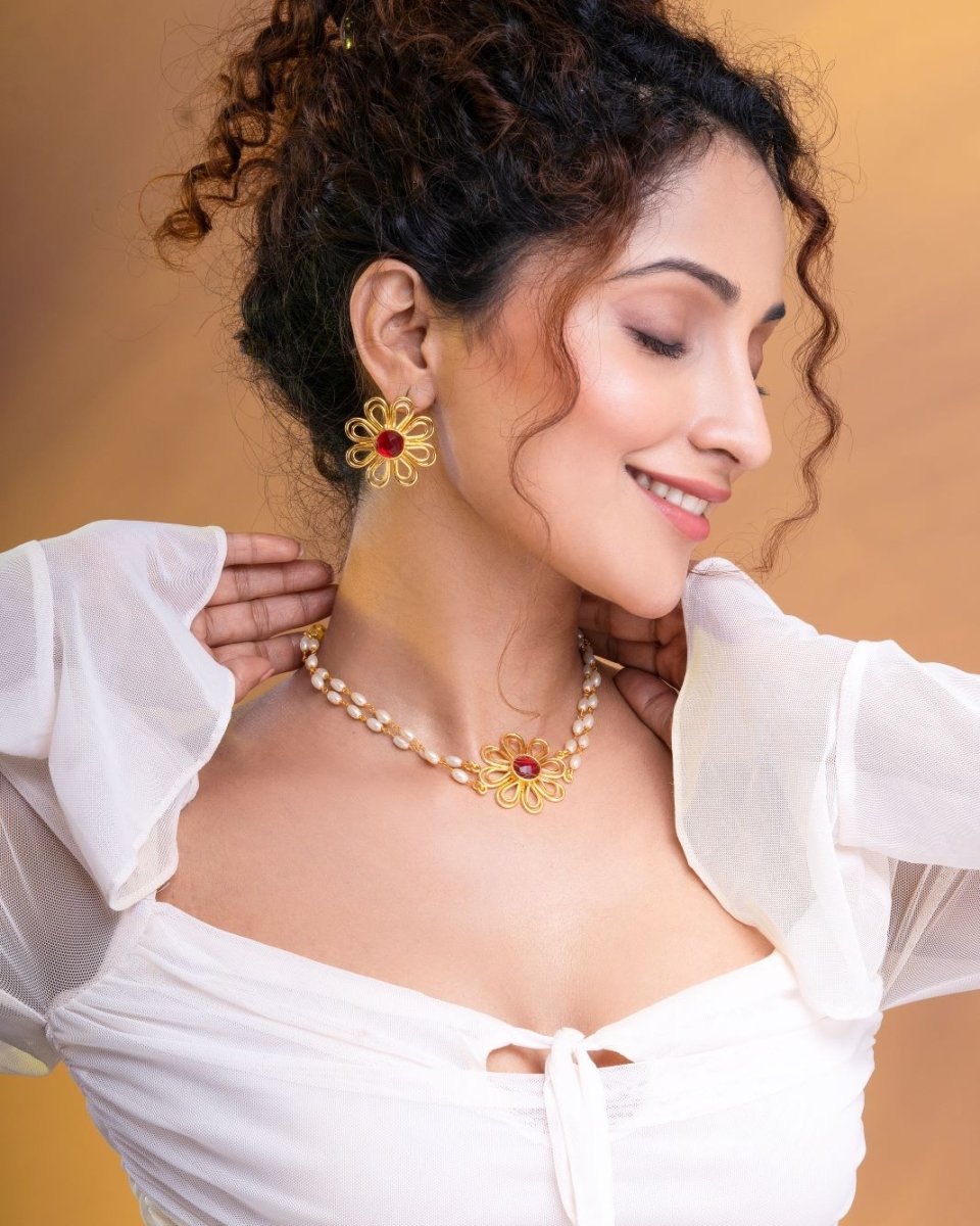 Floral Rice Bead Necklace Set - Ruby - Jiaarajewellery