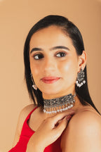 Glass Stone Silver plated Oxidised Necklace Set with Maang Tikka - Jiaarajewellery