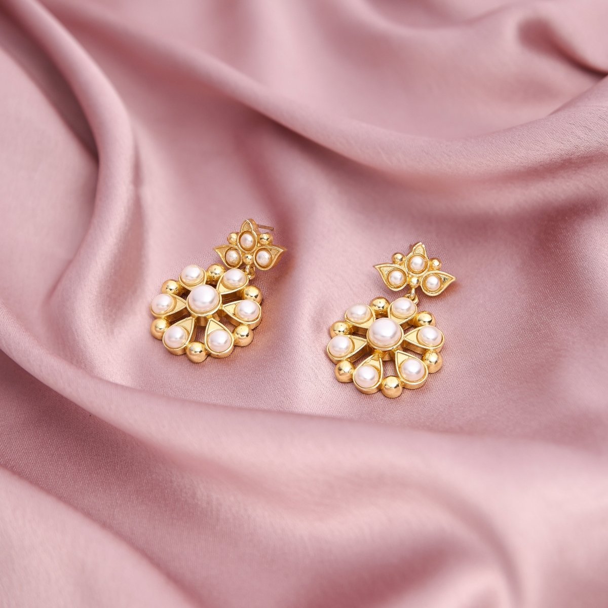 Gold Tone Pearl Studded Floral Earrings - Jiaarajewellery