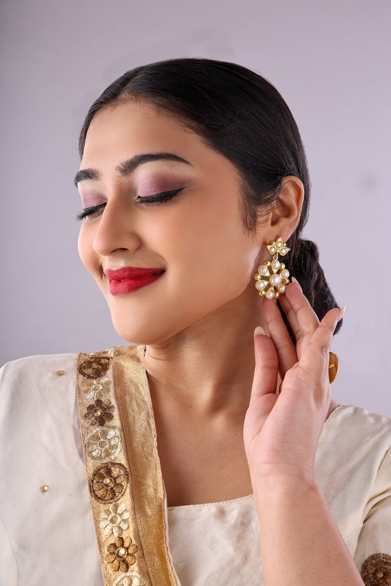 Gold Tone Pearl Studded Floral Earrings - Jiaarajewellery